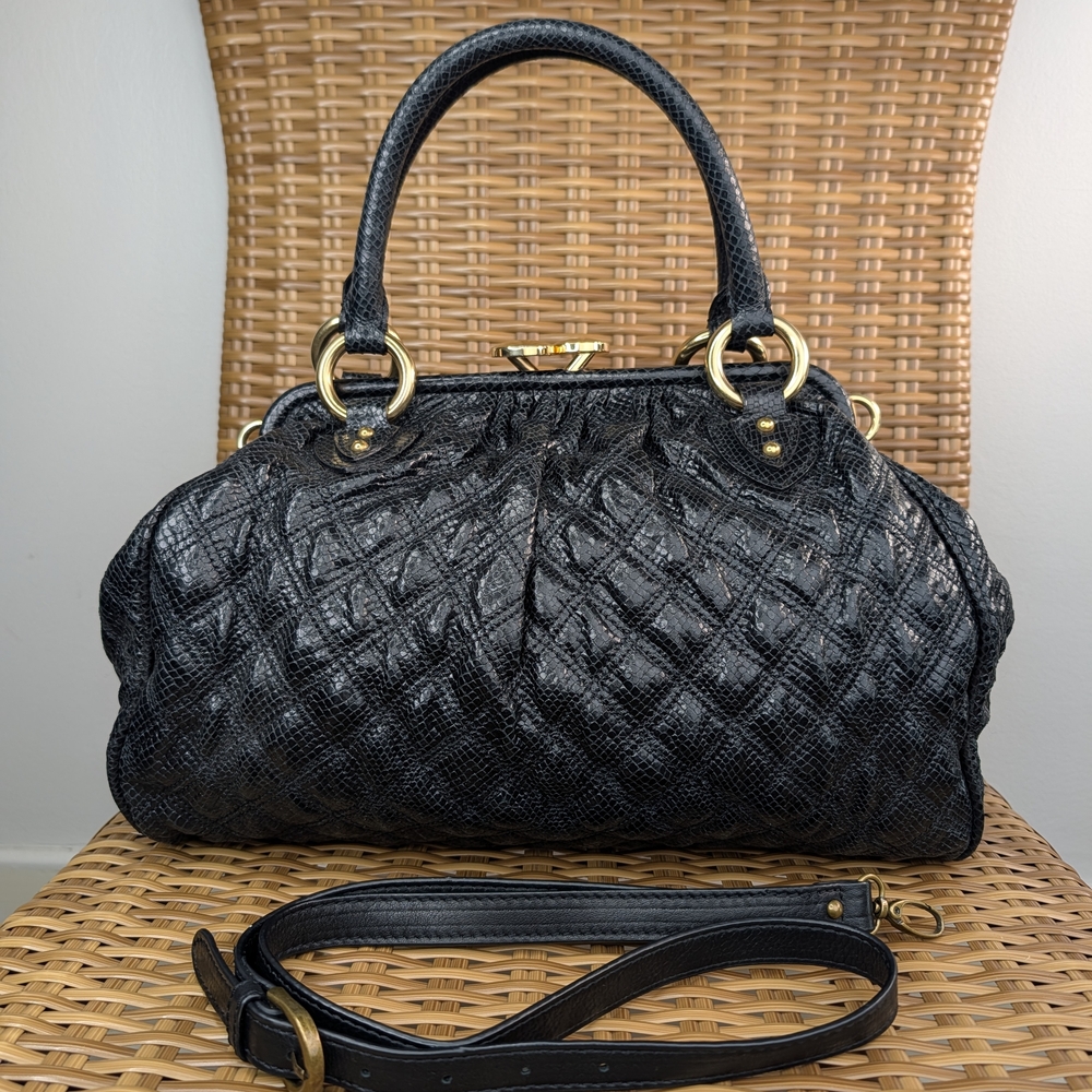 Marc Jacobs Stam Stardust Snake Print Black Leather Satchel Bag Gold Stud Detail - Picture 3 of 15